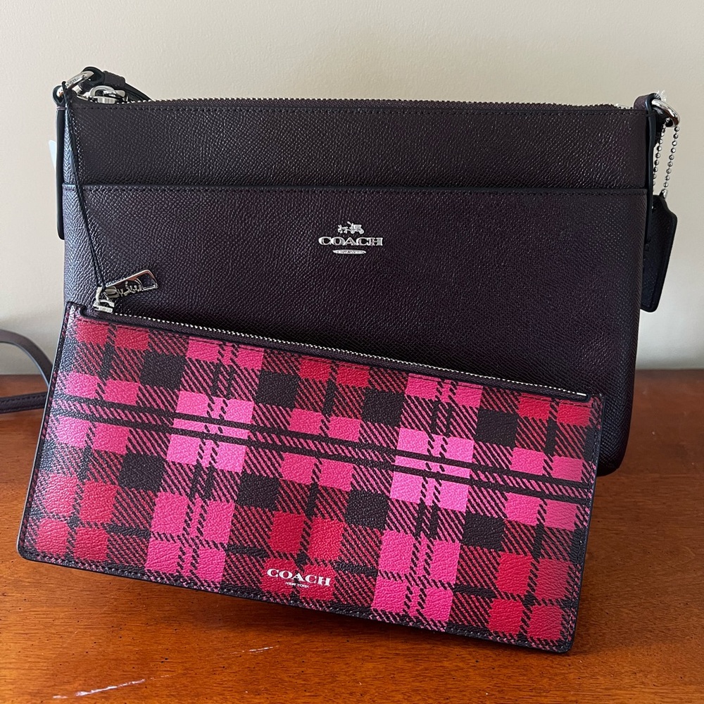 Coach Coated Canvas Shadow Brown Plaid Crossbody w/Pop-up zipper Pouch insert.